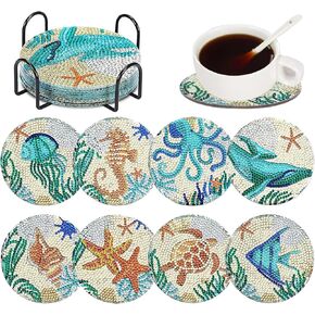 MaitianGuyou 8 PCS Ocean Creature Diamond Art Coasters Kit with Holder,DIY Diamond Painting Coasters for Beginners, Adults Gift, Diamond Art Crafts Supplies