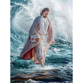 Zythron Jesus Diamond Art Kits للبالغين ، يسير يسوع على Sea Diamond Paints Kits للمبتدئين البالغين ، يسوع المسيح الديني DIY 5D Round Plans Plansles Gem Gem Art 12x16 Inch