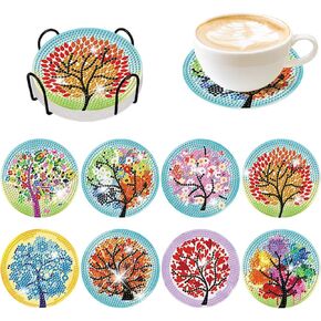 8 PCS Tree of Life Diamond Art Painting Coasters Kits with Holder DIY Season Tree Diamond Art Coaster Non Slip Coaster for Adults Diamond Painting Kits Supplies
