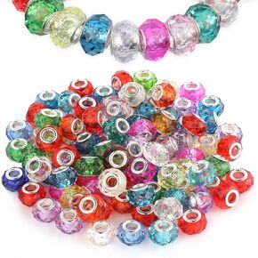 100Pcs European Craft Beads, Murano Large Hole Acrylic Beads, Mix Color Sports Beads with Silver Brass Core Assorted Faceted Lampwork Spacer Loose Beads for Pen Bracelet Charms Jewelry Earring Making
