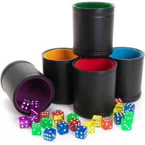 Brybelly Dice مع Dice Shaker Cup - مثالي للعبة الزهر الكازينو لكأس النرد الجلدية العائلية - لعبة البوكر الزهر شاكر - أكواب زهر متعددة الألوان و 25 مجموعة من الزهر متعدد الألوان