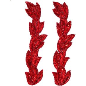 2-pcs 8-1/2" Sequin & Beaded Leaf Patch Applique Patch, FF-FF511 (Red)