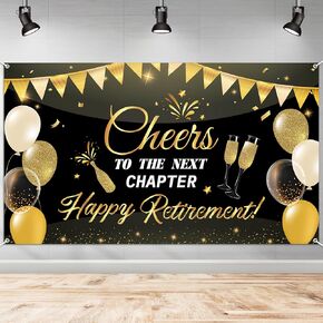 WATINC Happy Retirement Backdrop Banner - Xtralarge Cheer to The Next Chapter Background Photo Booth, 79 X 45 Inch Black and Gold Retirement Celebration Party Wall Background Decorations Supplies