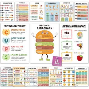 16 Parts of Speech Posters for Classroom - 10x14 in English Classroom Posters Elementary , English Posters for Middle School Classroom, English Classroom Decor, Kids Educational Posters for Elementary