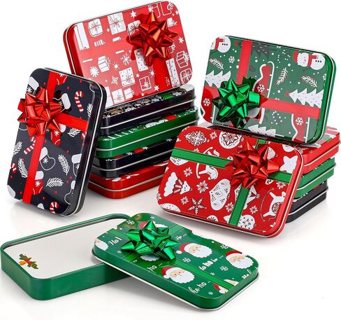 Yaocom 12 Sets Christmas Gift Card Holder Tin Boxes with Greeting Cards and 12 Gift Bows for Stocking Stuffers Xmas Party Favors,4.9 x 3.3 x 0.7 Inches in Kuwait