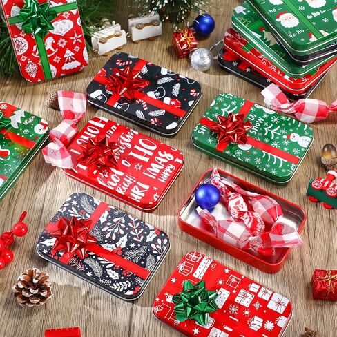 Yaocom 12 Sets Christmas Gift Card Holder Tin Boxes with Greeting Cards and 12 Gift Bows for Stocking Stuffers Xmas Party Favors,4.9 x 3.3 x 0.7 Inches in Kuwait