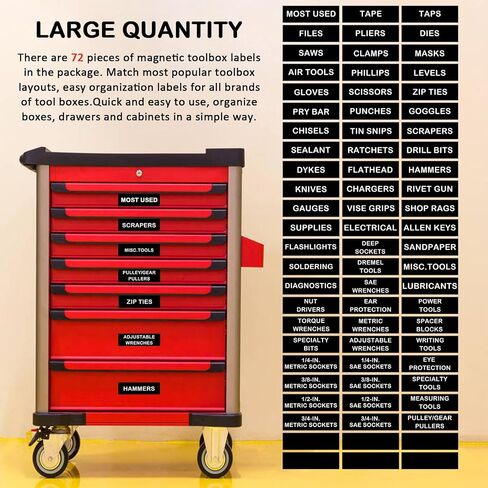 Tool Box Organization Magnetic Labels,Tool Chest Organizer Labels with Strong Magnets,Easy to Read Printing - Fits All Brands of Steel Tool Box Drawers (72 Pcs, 4 x 1 Inches) in Kuwait