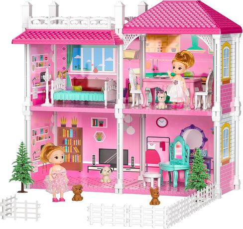 TEMI Villa Toys for 3 4 5 6 7 8 Years Old Girls - 4 Storeys 10 Rooms, Indoor Playset with 2 Dolls Toy Figures, Toys Furniture and Accessories, Pretend Girls Plays, Building Toys, Gifts Toy in Saudi Arabia