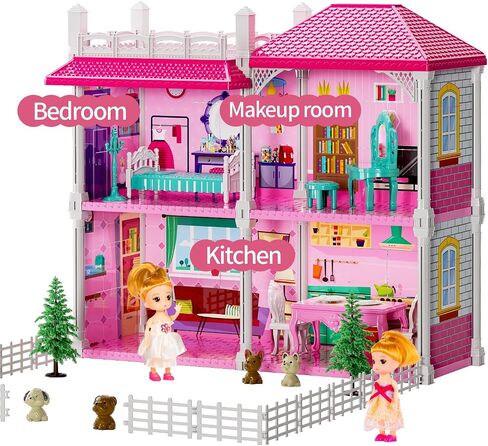 TEMI Villa Toys for 3 4 5 6 7 8 Years Old Girls - 4 Storeys 10 Rooms, Indoor Playset with 2 Dolls Toy Figures, Toys Furniture and Accessories, Pretend Girls Plays, Building Toys, Gifts Toy in Saudi Arabia