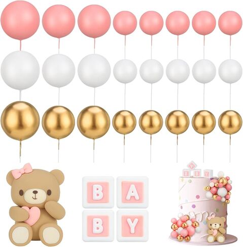 29 Pcs Ball Cake Topper Bear Cake Topper Baby Shower Cake Decorations with Cute Bear Blue BABY Letter Blue Gold White Foam Balloon for Baby Shower Cake Topper Girl Boy(Green) in Saudi Arabia