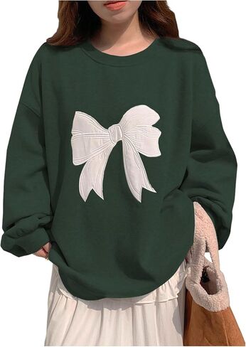 Women's Oversized Sweatshirts Bow Embroidery Long Sleeve Crewneck Sweatshirt Pullovers Trendy in Saudi Arabia