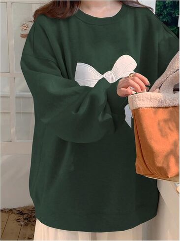 Women's Oversized Sweatshirts Bow Embroidery Long Sleeve Crewneck Sweatshirt Pullovers Trendy in Saudi Arabia