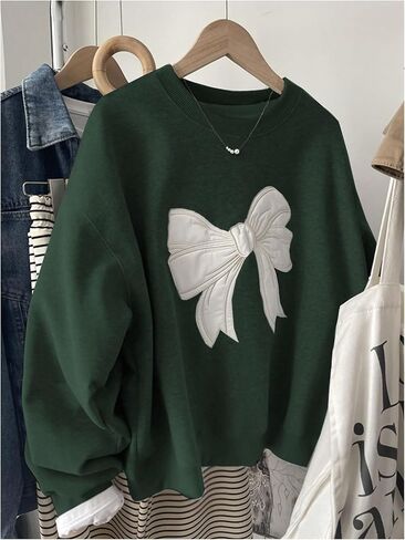 Women's Oversized Sweatshirts Bow Embroidery Long Sleeve Crewneck Sweatshirt Pullovers Trendy in Saudi Arabia