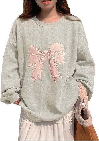 Women's Oversized Sweatshirts Bow Embroidery Long Sleeve Crewneck Sweatshirt Pullovers Trendy in Saudi Arabia