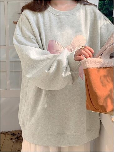 Women's Oversized Sweatshirts Bow Embroidery Long Sleeve Crewneck Sweatshirt Pullovers Trendy in Saudi Arabia