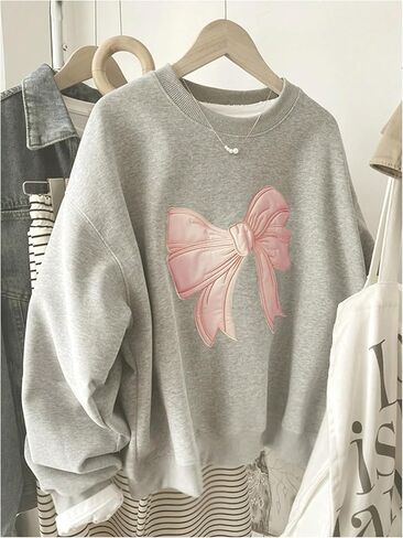 Women's Oversized Sweatshirts Bow Embroidery Long Sleeve Crewneck Sweatshirt Pullovers Trendy in Saudi Arabia