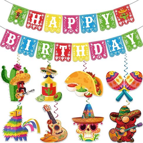 Pre-strung Taco Birthday Party Decorations, with 1pcs Fiesta Happy Birthday Banner, 8pcs Cinco De Mayo Hanging Swirls, Mexican Birthday Party Decorations, Fiesta Birthday Party Decorations in Kuwait