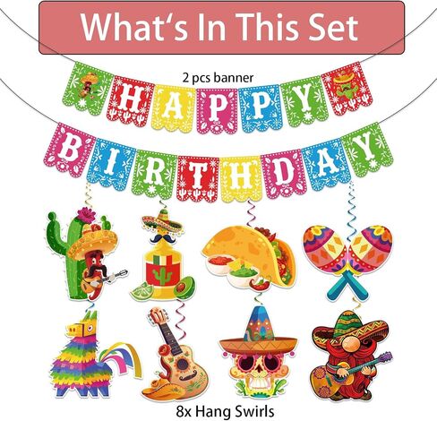Pre-strung Taco Birthday Party Decorations, with 1pcs Fiesta Happy Birthday Banner, 8pcs Cinco De Mayo Hanging Swirls, Mexican Birthday Party Decorations, Fiesta Birthday Party Decorations in Kuwait