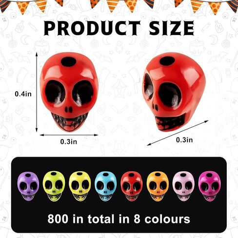 800 Pcs Halloween Skull Beads, Colorful Mini Skeleton Mini Skulls, Acrylic Skull Head Beads Miniatures Realistic Looking Skulls Charms for Crafts Halloween Jewelry Making Home Party Accessories in Saudi Arabia