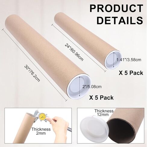 Mailing Tubes with Caps,10 Pack 2x30-Inch &1.5x24-Inch Kraft Paper Poster Tube for Shipping, Packing, Bulk Round Packaging, Cardboard Mailers, Art Prints, Maps, Blueprint in Saudi Arabia