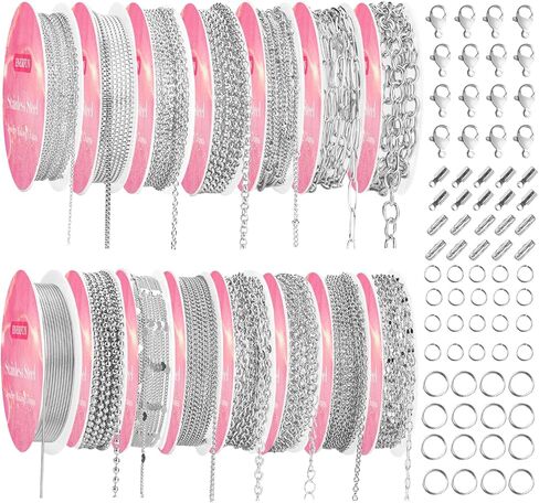 Necklace Chains for Jewelry Making, 111.5 Feet 15 Rolls Stainless Steel Jewelry Chains for DIY Necklace Bracelet Jewelry Making Accessories with Stainless Steel Jump Rings/Lobster Clasps/Connectors in Saudi Arabia