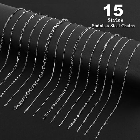 Necklace Chains for Jewelry Making, 111.5 Feet 15 Rolls Stainless Steel Jewelry Chains for DIY Necklace Bracelet Jewelry Making Accessories with Stainless Steel Jump Rings/Lobster Clasps/Connectors in Saudi Arabia
