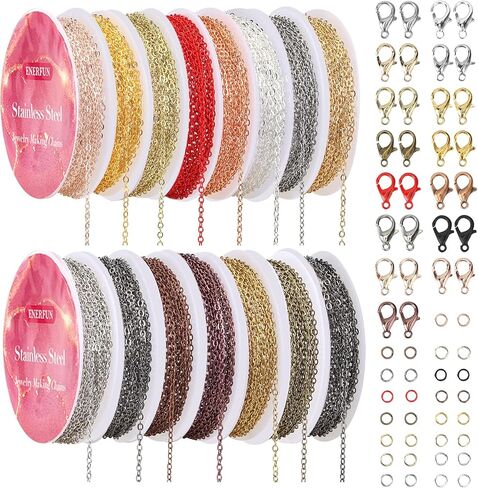 Necklace Chains for Jewelry Making, 111.5 Feet 15 Rolls Stainless Steel Jewelry Chains for DIY Necklace Bracelet Jewelry Making Accessories with Stainless Steel Jump Rings/Lobster Clasps/Connectors in Saudi Arabia