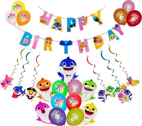 24PCS Shark Decorations - 5PCS Foil & 12PCS Balloons - 6PCS Hanging Swirls - Birthday & Party Pack in Saudi Arabia