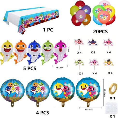 "24pcs" - 1PC Shark Birthday Lanner - 5pcs Shark Foil & 12pcs بالونات اللاتكس - 6pcs Shark Swirls - زينة عيد ميلاد القرش - زينة حفلات القرش. in Saudi Arabia
