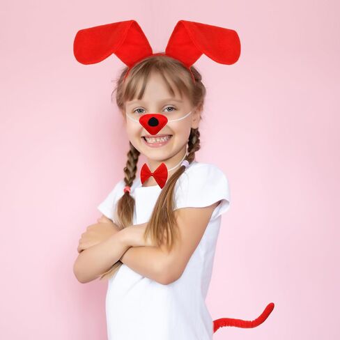 SATINIOR Puppy Dog Costume Set Puppy Ears Headband Puppy Bowtie Puppy Fake Nose Tail Animal Dog Costume Accessories for Carnival World Book Day Animal Cosplay Party(Red) in Kuwait