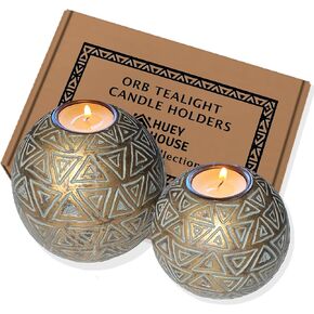 Aurum Orb Tea Light Candle Holders - (Gift Boxed Set of 2) Coffee Table Decor (Rustic Triangle Pattern, Gold and Gray) in Kuwait