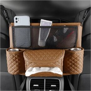 zipelo Car Handbag Holder Between Seats, PU Leather Multi-Pocket Large Capacity Purse Holder, Auto Net Bag Barrier of Backseat Pet Kids, Car Seat Organizers and Storage for Cargo Tissue Cup (Beige)