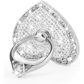 Cell Phone Finger Ring Stand with Sparkly Diamond, Nsiucion Heart Phone Ring Kickstand Holder [Washable] [Removable], 360°Rotation Zinc Alloy Ring Grip Stand for All Phones and Tablets (Silver)