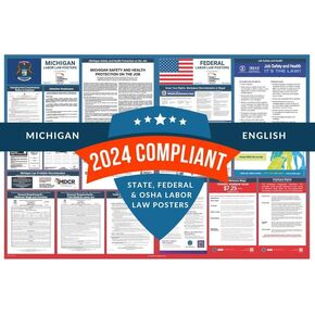 Labor Law Posters 2024 - Michigan Labor Law Poster State, Federal, OSHA Compliant, Accurate & Up to Date, Includes June Updates, Laminated Labor Law Poster 2024 Michigan, 36"w x 24"h (English)