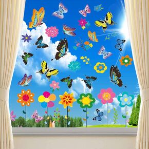 PARLAIM Large Size Flower Window Stickers Butterfly Window Clings Window Decals Spring Window Decorations for Glass Window for Home