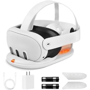 قاعدة شحن لملحقات Meta Quest 3، حامل شحن سريع بقدرة 45 وات لسماعات رأس ووحدات تحكم الواقع الافتراضي Oculus Quest 3، مع بطاريتين قابلتين للشحن، وغطاء بطارية ومؤشر LED، أبيض in Kuwait