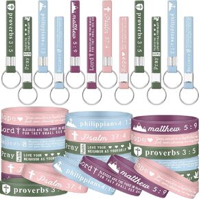 Lewtemi 24 Pcs Christian Bible Keychains Bulk with Scripture and Inspirational Verses Rubber Wristbands Bracelets for Gifts