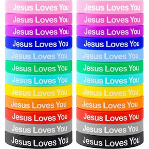 QEERBSIN 60 Pcs Jesus Loves You Rubber Bracelets Colorful Silicone Wristbands Jesus Loves You Silicone Bracelet Church Gifts Rubber Wristbands for kids Men Women Party Favors