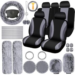43 Pcs Car Seat Cover Full Set Fuzzy Car Accessories for Women, Car Front Rear Cover Fluffy Steering Wheel Cover Car Belt Handbrake Shift Cover Car Air Conditioner Strip (Pink, Gray, Black)