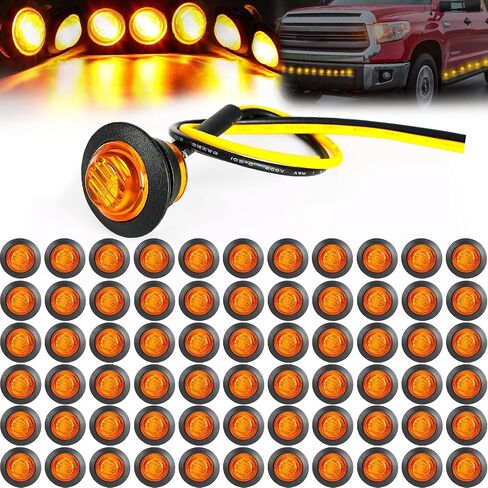 100 Pieces 3/4'' Round LED Side Marker Lights, 3 LEDs Front Rear Side Indicator Lights Turn Signal Lights IP68 Waterproof for Truck Trailer Lorry Bus Pickup Boat, 12V (Amber) in Saudi Arabia