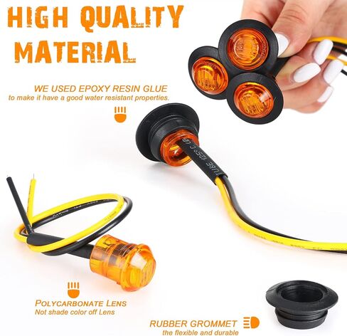 100 Pieces 3/4'' Round LED Side Marker Lights, 3 LEDs Front Rear Side Indicator Lights Turn Signal Lights IP68 Waterproof for Truck Trailer Lorry Bus Pickup Boat, 12V (Amber) in Saudi Arabia