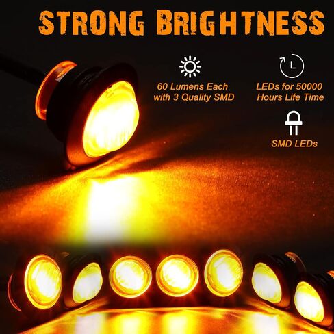 100 Pieces 3/4'' Round LED Side Marker Lights, 3 LEDs Front Rear Side Indicator Lights Turn Signal Lights IP68 Waterproof for Truck Trailer Lorry Bus Pickup Boat, 12V (Amber) in Saudi Arabia