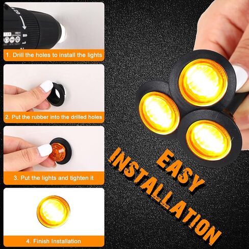100 Pieces 3/4'' Round LED Side Marker Lights, 3 LEDs Front Rear Side Indicator Lights Turn Signal Lights IP68 Waterproof for Truck Trailer Lorry Bus Pickup Boat, 12V (Amber) in Saudi Arabia