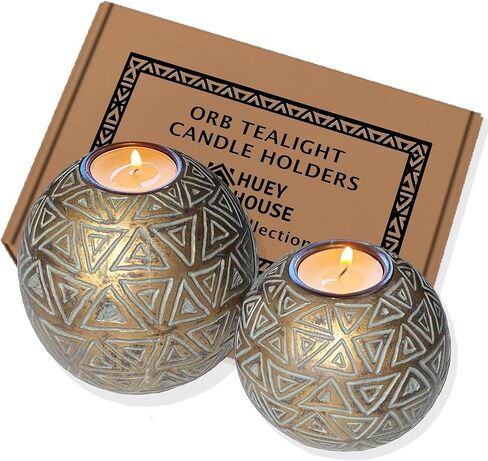 Aurum Orb Tea Light Candle Holders - (Gift Boxed Set of 2) Coffee Table Decor (Rustic Triangle Pattern, Gold and Gray) in Kuwait