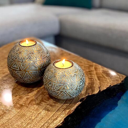 Aurum Orb Tea Light Candle Holders - (Gift Boxed Set of 2) Coffee Table Decor (Rustic Triangle Pattern, Gold and Gray) in Kuwait