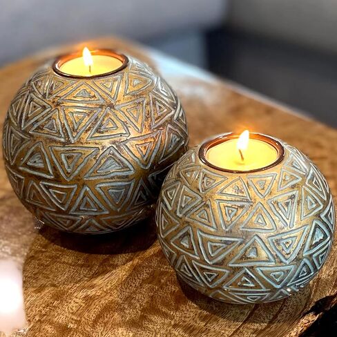 Aurum Orb Tea Light Candle Holders - (Gift Boxed Set of 2) Coffee Table Decor (Rustic Triangle Pattern, Gold and Gray) in Kuwait