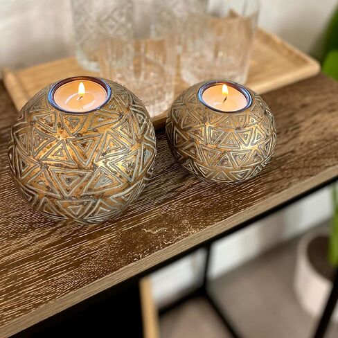 Aurum Orb Tea Light Candle Holders - (Gift Boxed Set of 2) Coffee Table Decor (Rustic Triangle Pattern, Gold and Gray) in Kuwait