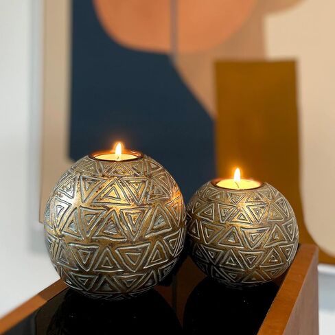 Aurum Orb Tea Light Candle Holders - (Gift Boxed Set of 2) Coffee Table Decor (Rustic Triangle Pattern, Gold and Gray) in Kuwait