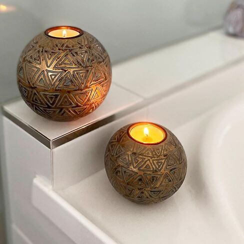 Aurum Orb Tea Light Candle Holders - (Gift Boxed Set of 2) Coffee Table Decor (Rustic Triangle Pattern, Gold and Gray) in Kuwait