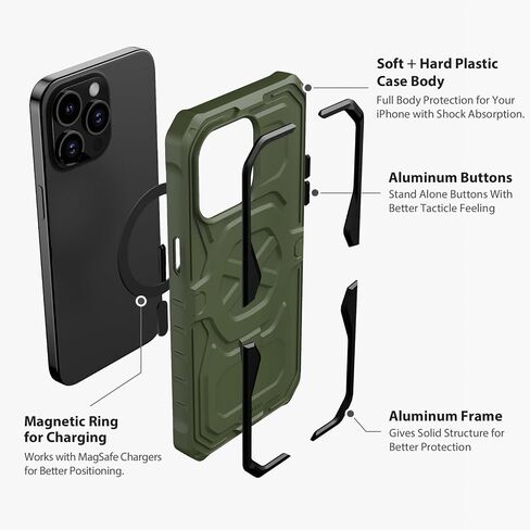 حافظة ULTIMAL متوافقة مع iPhone 15 pro max 6.7 بوصة، حافظة عسكرية مقاومة للصدمات مع تصميم إطار معدني رياضي متوافق مع Magsafe، غطاء نحيف متين للرجال (أخضر/أسود) in Kuwait